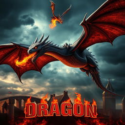 A dynamic cinematic movie poster featuring a ferocious fire-breathing dragon soaring through a dramatic, stormy sky