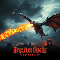 A dynamic cinematic movie poster featuring a ferocious fire-breathing dragon soaring through a dramatic, stormy sky