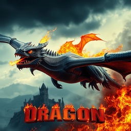 A dynamic cinematic movie poster featuring a ferocious fire-breathing dragon soaring through a dramatic, stormy sky