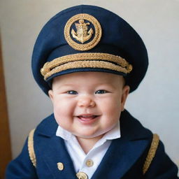 A chubby baby dressed as a ship captain, with a big hat, a navy blue jacket adorned with gold buttons, and a charming, innocent smile.