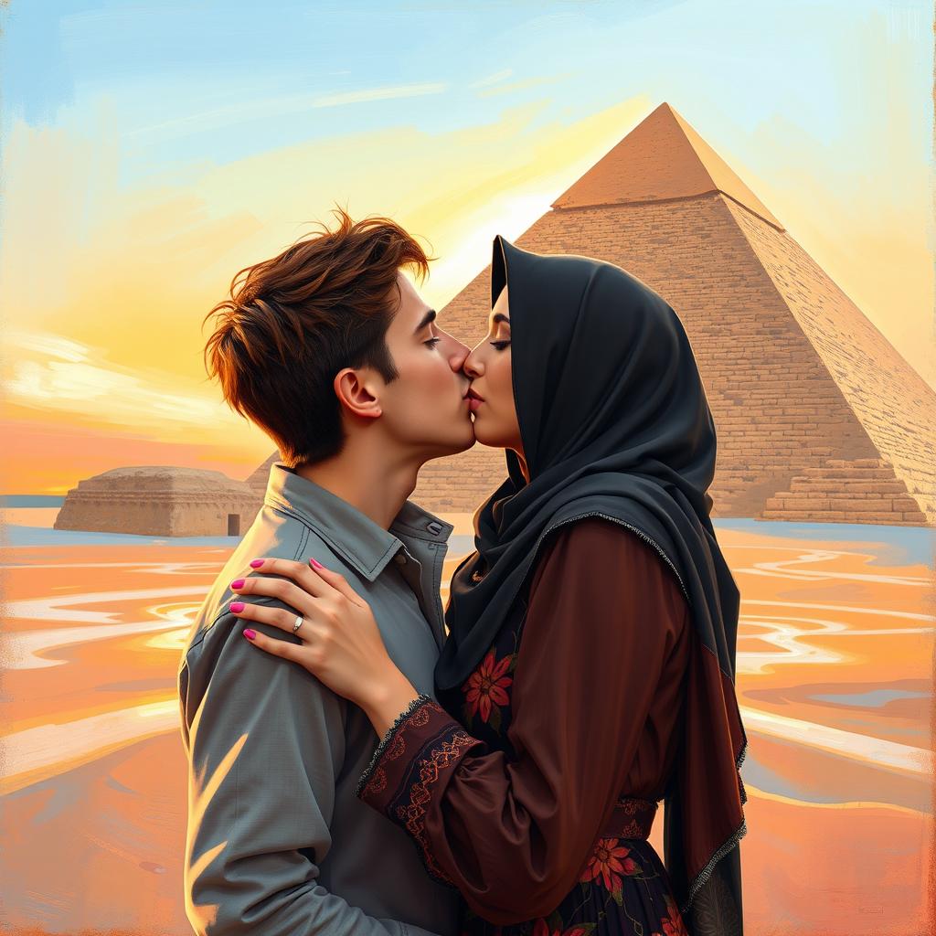 A romantic scene depicting a kiss between a European male and a Muslim female in front of the Great Pyramid of Giza