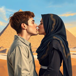 A romantic scene depicting a kiss between a European male and a Muslim female in front of the Great Pyramid of Giza