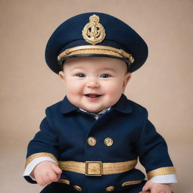 A chubby baby dressed as a ship captain, with a big hat, a navy blue jacket adorned with gold buttons, and a charming, innocent smile.