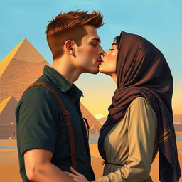 A romantic scene depicting a kiss between a European male and a Muslim female in front of the Great Pyramid of Giza