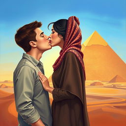 A romantic scene depicting a kiss between a European male and a Muslim female in front of the Great Pyramid of Giza