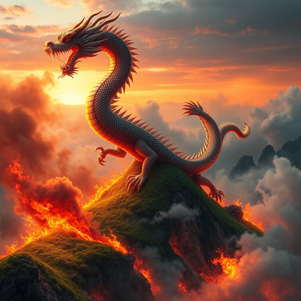 A majestic Chinese dragon rising from a lush green hill, surrounded by raging flames and billowing smoke