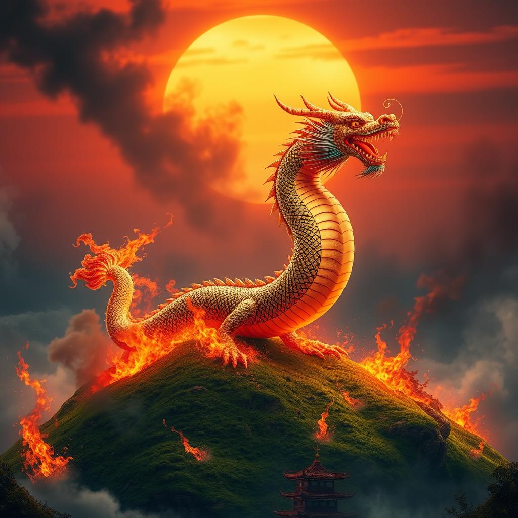 A majestic Chinese dragon rising from a lush green hill, surrounded by raging flames and billowing smoke