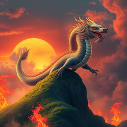 A majestic Chinese dragon rising from a lush green hill, surrounded by raging flames and billowing smoke