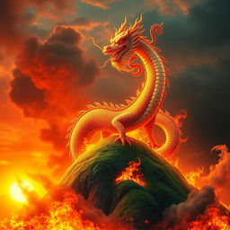 A majestic Chinese dragon rising from a lush green hill, surrounded by raging flames and billowing smoke