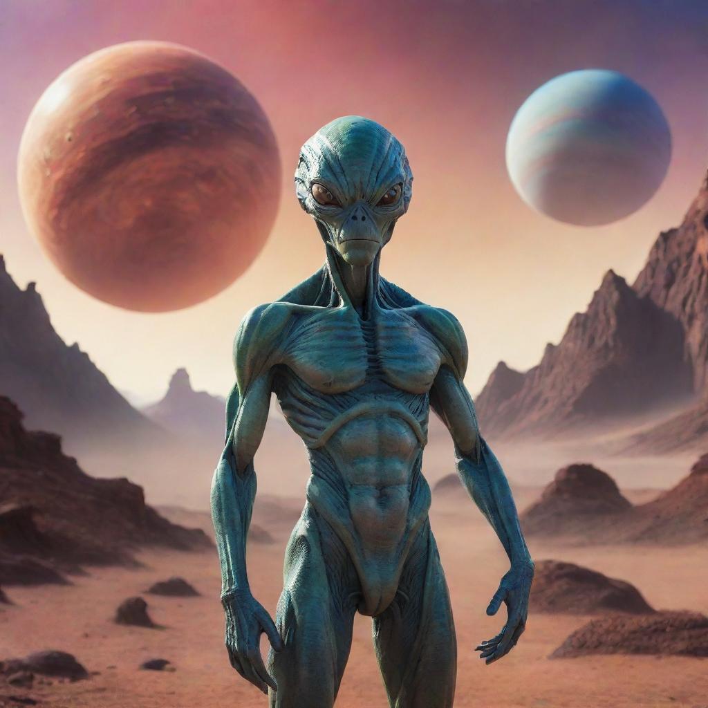 A detailed, extraterrestrial-looking alien standing against the backdrop of a vibrant, alien planet