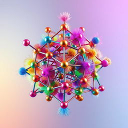 A detailed scientific illustration of metal-organic frameworks (MOFs) in the shape of bipyramidic particles, intricately surrounded by colorful polymer brushes