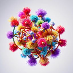 A detailed scientific illustration of metal-organic frameworks (MOFs) in the shape of bipyramidic particles, intricately surrounded by colorful polymer brushes