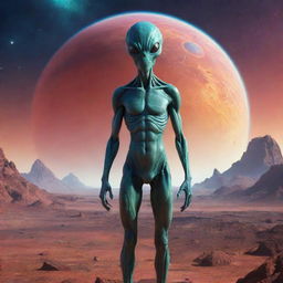 A detailed, extraterrestrial-looking alien standing against the backdrop of a vibrant, alien planet