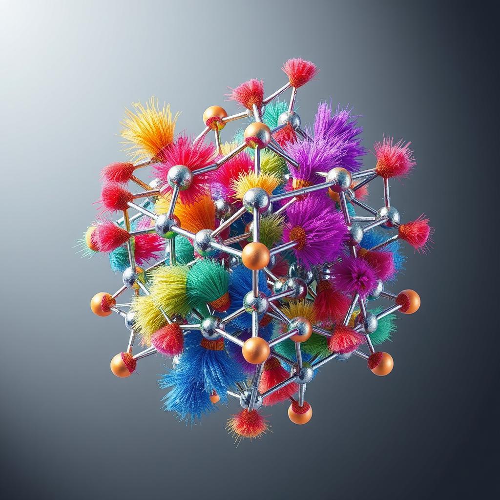 A detailed scientific illustration of metal-organic frameworks (MOFs) in the shape of bipyramidic particles, intricately surrounded by colorful polymer brushes