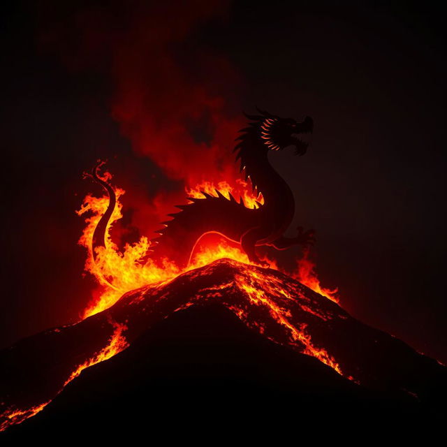 A dramatic silhouette of a Chinese dragon ascending from a hill engulfed in flames, with only the outline of its serpentine body visible against the vibrant fire