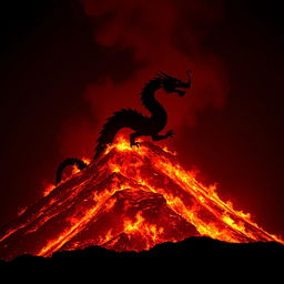 A dramatic silhouette of a Chinese dragon ascending from a hill engulfed in flames, with only the outline of its serpentine body visible against the vibrant fire