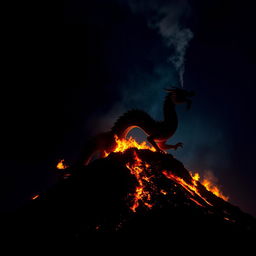 A dramatic silhouette of a Chinese dragon ascending from a hill engulfed in flames, with only the outline of its serpentine body visible against the vibrant fire