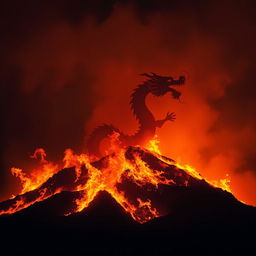 A dramatic silhouette of a Chinese dragon ascending from a hill engulfed in flames, with only the outline of its serpentine body visible against the vibrant fire