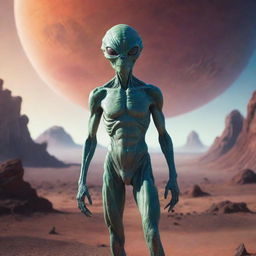 A detailed, extraterrestrial-looking alien standing against the backdrop of a vibrant, alien planet