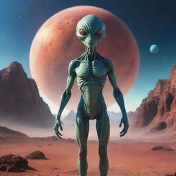 A detailed, extraterrestrial-looking alien standing against the backdrop of a vibrant, alien planet