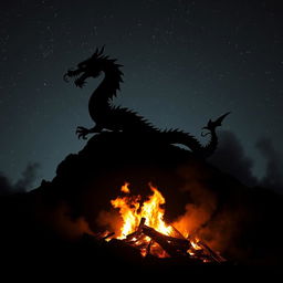 A dark, mystical scene featuring the silhouette of a Chinese dragon rising from a hill, prominently outlined against a night sky filled with stars