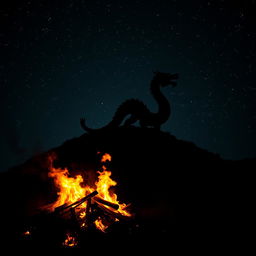 A dark, mystical scene featuring the silhouette of a Chinese dragon rising from a hill, prominently outlined against a night sky filled with stars