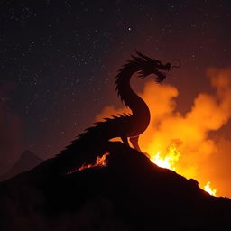 A dark, mystical scene featuring the silhouette of a Chinese dragon rising from a hill, prominently outlined against a night sky filled with stars