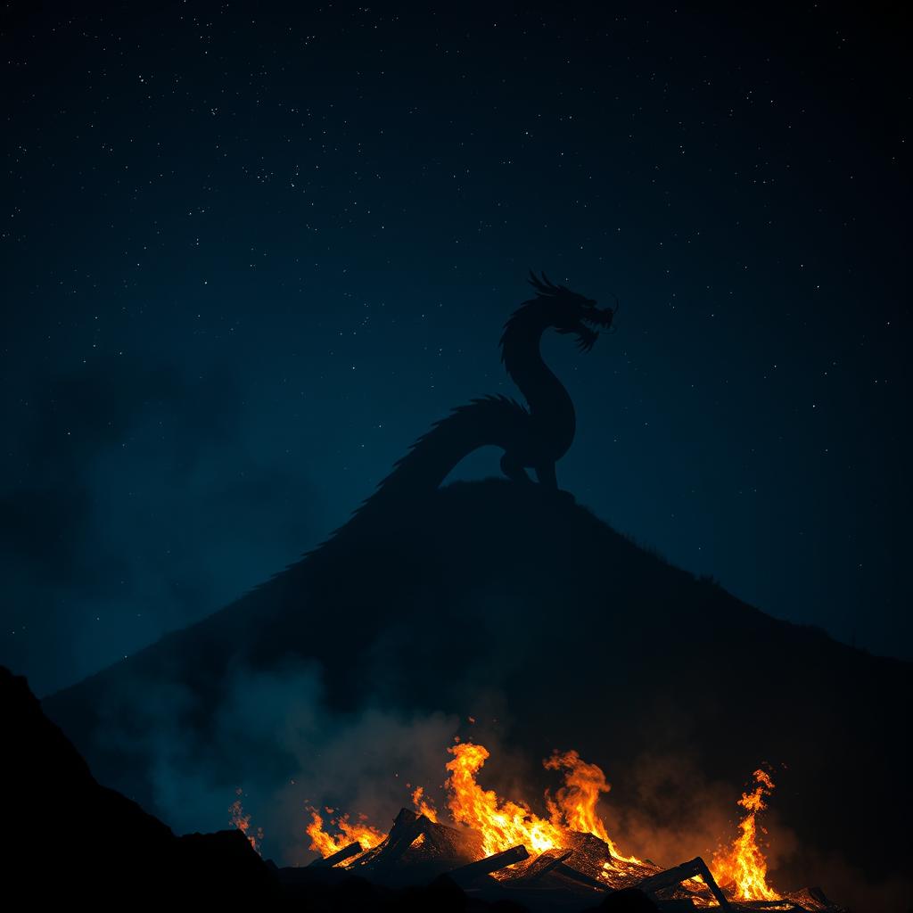 A dark, mystical scene featuring the silhouette of a Chinese dragon rising from a hill, prominently outlined against a night sky filled with stars