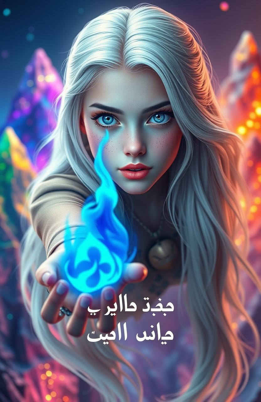 A stunning 19-year-old girl with long white hair, one blue eye and one brown eye, adorned with freckles, floating straight ahead while holding a blue flame in her hand