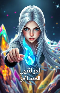 A stunning 19-year-old girl with long white hair, one blue eye and one brown eye, adorned with freckles, floating straight ahead while holding a blue flame in her hand