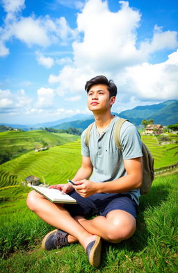 A thoughtful young man with a contemplative expression, sitting cross-legged on a lush green hillside in Vietnam, surrounded by vibrant rice terraces under a blue sky with fluffy clouds