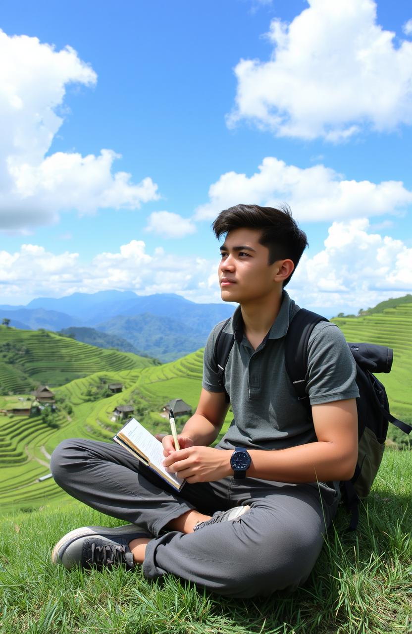 A thoughtful young man with a contemplative expression, sitting cross-legged on a lush green hillside in Vietnam, surrounded by vibrant rice terraces under a blue sky with fluffy clouds