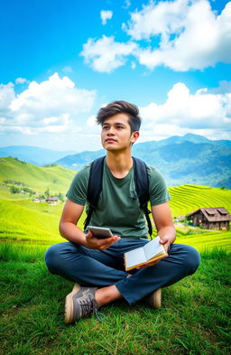 A thoughtful young man with a contemplative expression, sitting cross-legged on a lush green hillside in Vietnam, surrounded by vibrant rice terraces under a blue sky with fluffy clouds