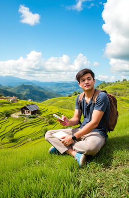 A thoughtful young man with a contemplative expression, sitting cross-legged on a lush green hillside in Vietnam, surrounded by vibrant rice terraces under a blue sky with fluffy clouds