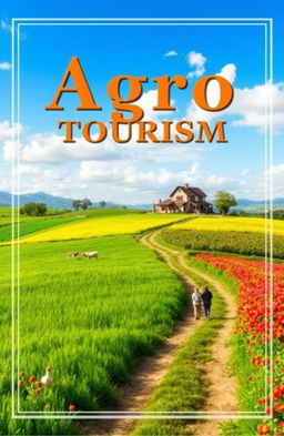 A picturesque book cover design for an agro tourism book, featuring a stunning landscape of lush green fields and vibrant flowers, with a rustic farmhouse set against a blue sky