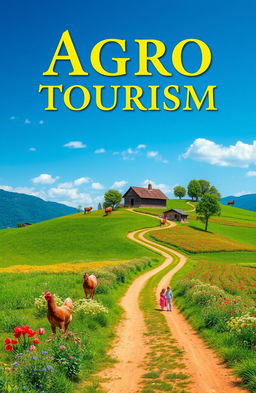 A picturesque book cover design for an agro tourism book, featuring a stunning landscape of lush green fields and vibrant flowers, with a rustic farmhouse set against a blue sky