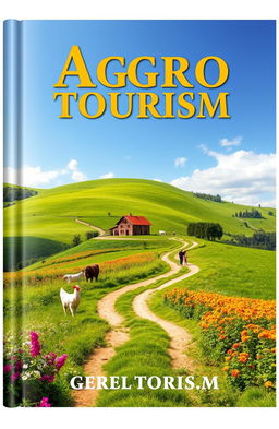 A picturesque book cover design for an agro tourism book, featuring a stunning landscape of lush green fields and vibrant flowers, with a rustic farmhouse set against a blue sky