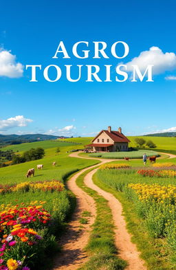 A picturesque book cover design for an agro tourism book, featuring a stunning landscape of lush green fields and vibrant flowers, with a rustic farmhouse set against a blue sky