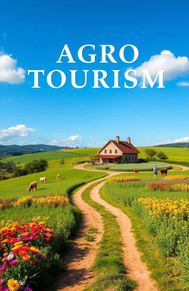 A picturesque book cover design for an agro tourism book, featuring a stunning landscape of lush green fields and vibrant flowers, with a rustic farmhouse set against a blue sky