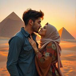 A passionate kiss between a European man and a Muslim woman near the Great Pyramid of Giza, with warm sunset light illuminating their faces