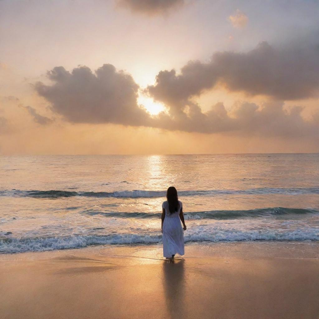 The name 'Abeer' written in clouds at sunset over a sea beach, with a girl standing and looking at it.