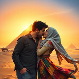 A passionate kiss between a European man and a Muslim woman near the Great Pyramid of Giza, with warm sunset light illuminating their faces