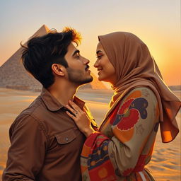 A passionate kiss between a European man and a Muslim woman near the Great Pyramid of Giza, with warm sunset light illuminating their faces