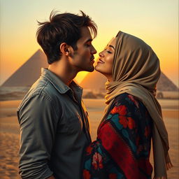 A passionate kiss between a European man and a Muslim woman near the Great Pyramid of Giza, with warm sunset light illuminating their faces