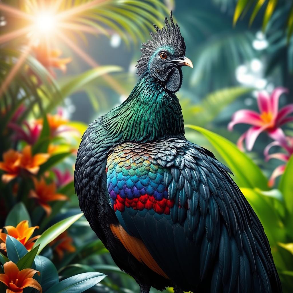 A large, impressive black cock, showcasing its metallic sheen and intricate feather patterns in vibrant colors