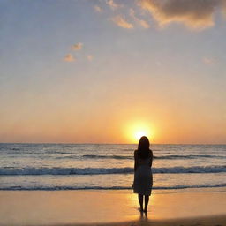 The name 'Abeer' written in clouds at sunset over a sea beach, with a girl standing and looking at it.