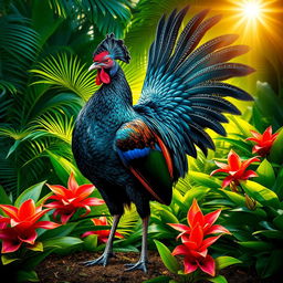 A large, impressive black cock, showcasing its metallic sheen and intricate feather patterns in vibrant colors