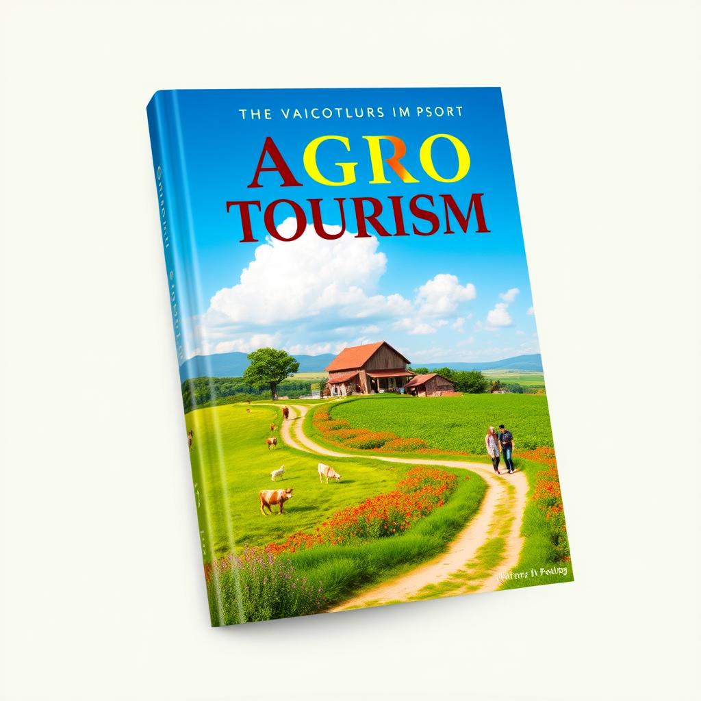 A picturesque book cover design for an agro tourism book, featuring a stunning landscape of lush green fields and vibrant flowers, with a rustic farmhouse set against a blue sky