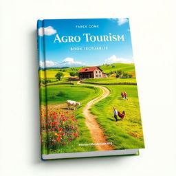 A picturesque book cover design for an agro tourism book, featuring a stunning landscape of lush green fields and vibrant flowers, with a rustic farmhouse set against a blue sky