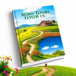 A picturesque book cover design for an agro tourism book, featuring a stunning landscape of lush green fields and vibrant flowers, with a rustic farmhouse set against a blue sky